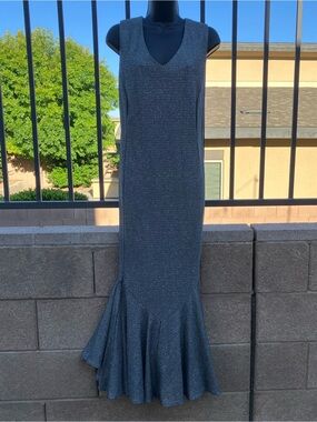 S.L. Fashions Silver-Gray Sleeveless V-Neck Glitter Mermaid Maxi Dress